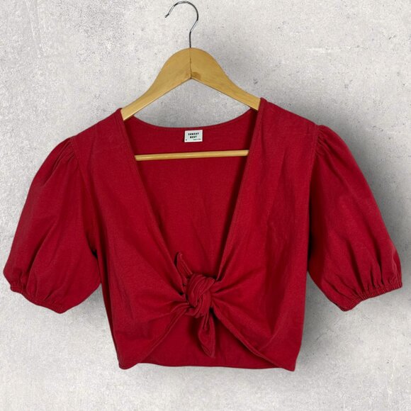 Aritzia Red Puff‎ Sleeve Tie Front Crop Top Womens Size Medium Sunday Best 77868 - Picture 14 of 15